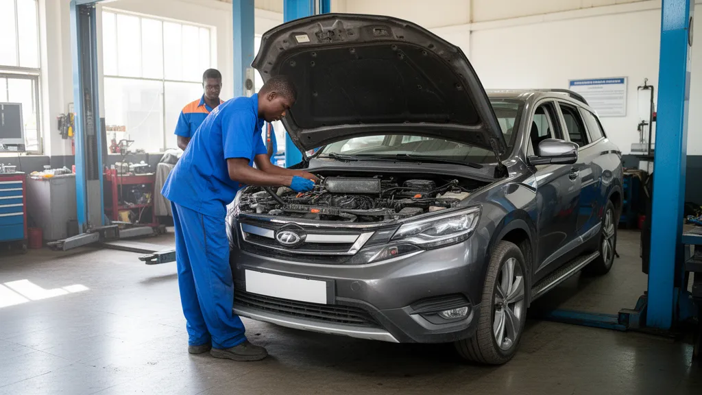 Mecânico a realizar diagnóstico num automóvel numa oficina em Maputo