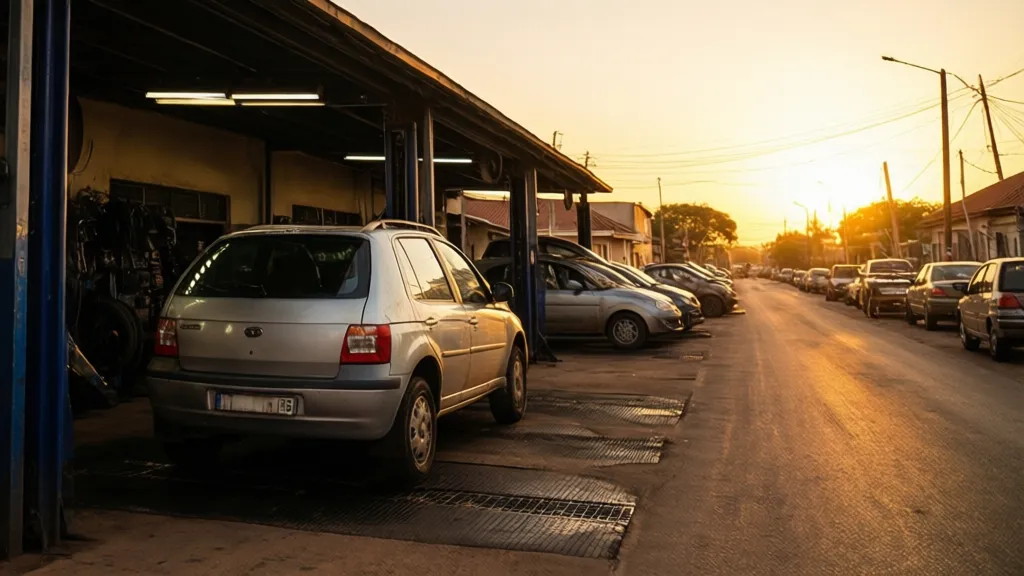 Automóvel a sair de uma oficina ao fim da tarde